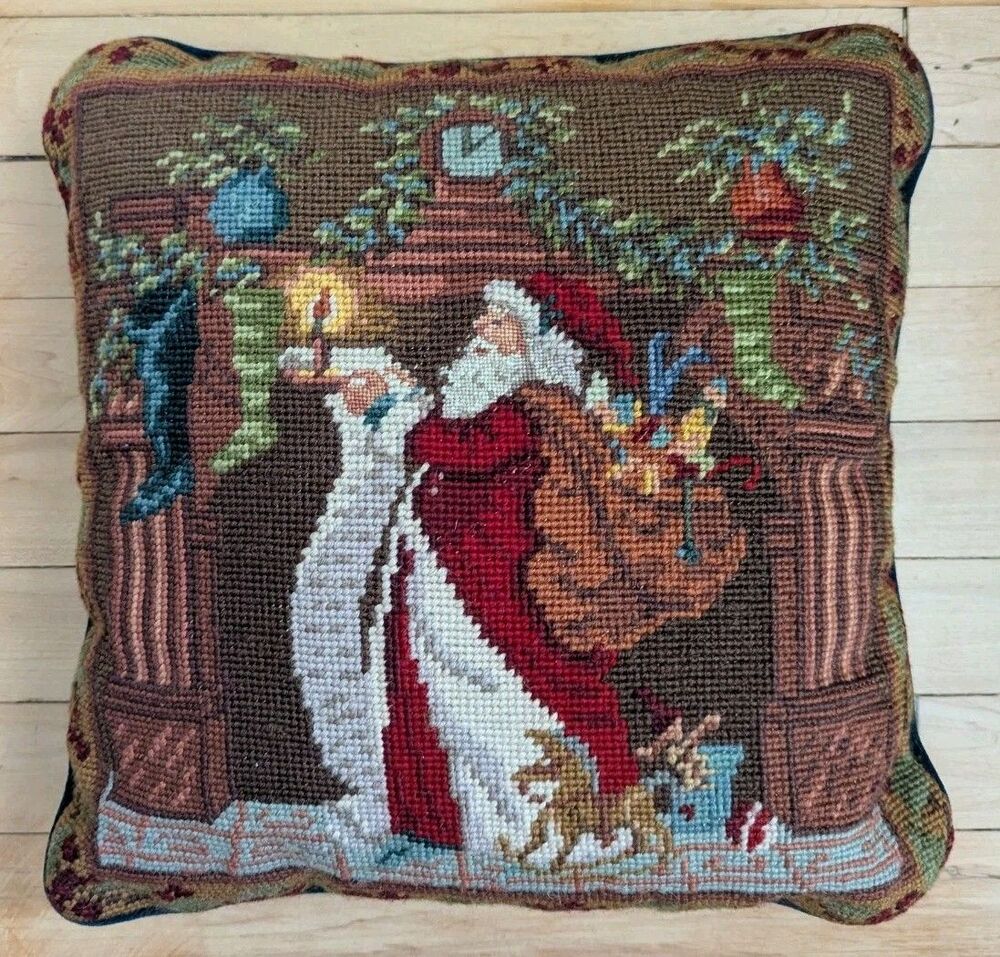 Vintage Wool Needlepoint Christmas Pillow Victorian Santa 14" Green Velvet Back
